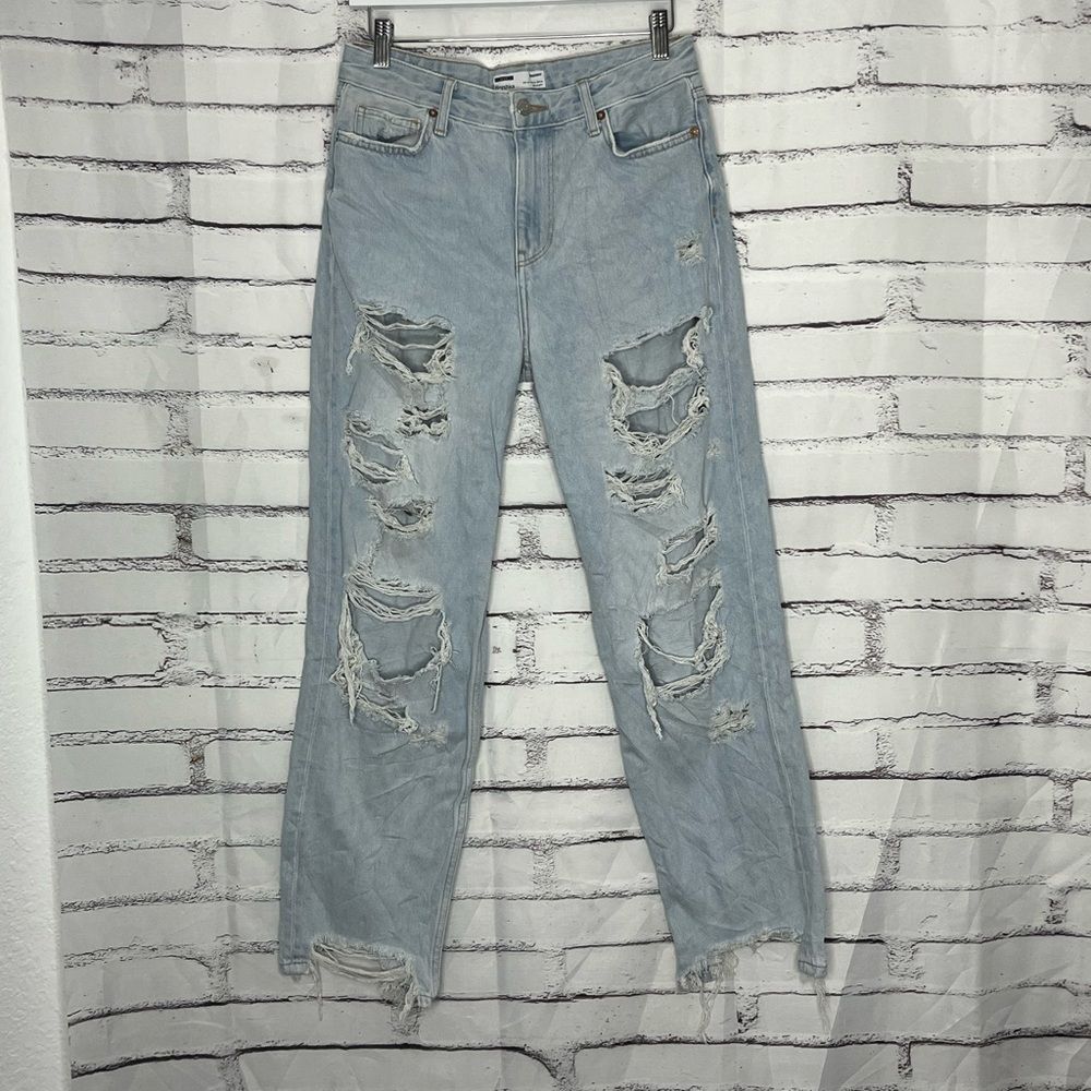 Bershka Straight Leg Boyfriend Jeans Light Wash High Rise Women’s 26 Raw Hem Y2K